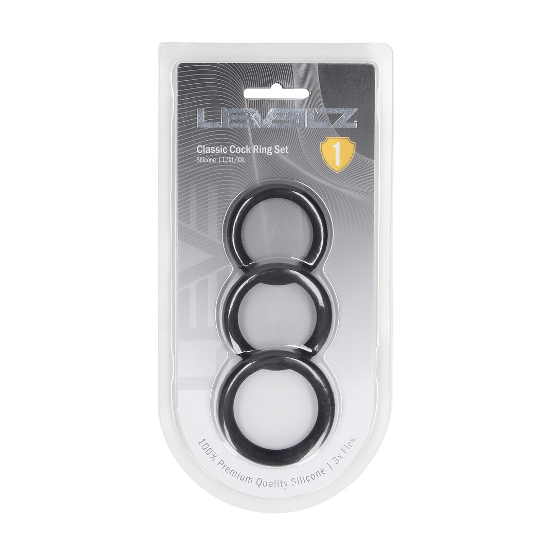 Levelz by shots Classic Silicone Cockring Set van 3 - L/XL/XXL - Zwart (8714273061911)