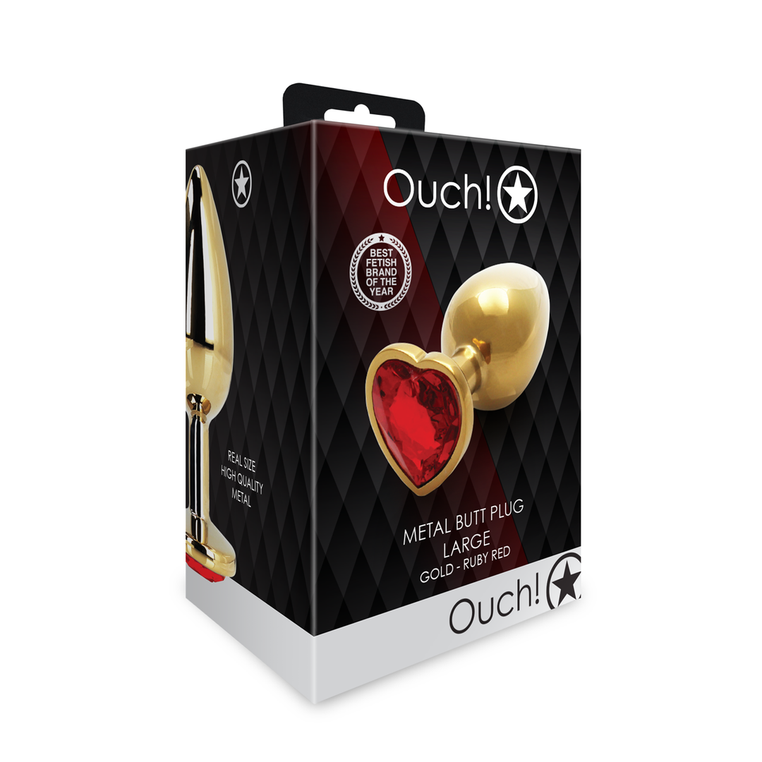 Ouch! by shots Hart Edelhart Buttplug - Groot - Goud/Ruby Rood (8714273493064)