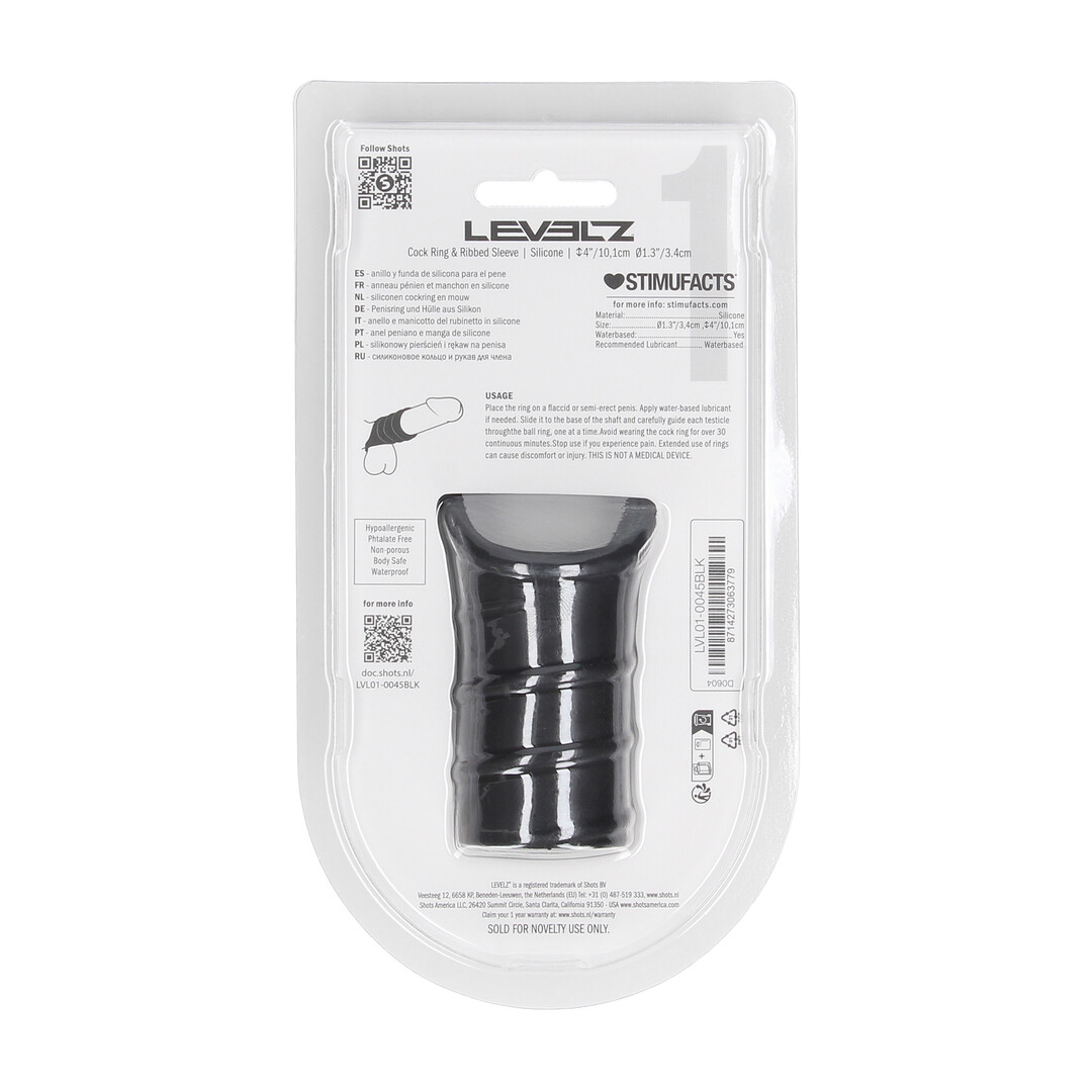Levelz by shots Siliconen Cockring en Geribbelde Mouw - Zwart (8714273063779)