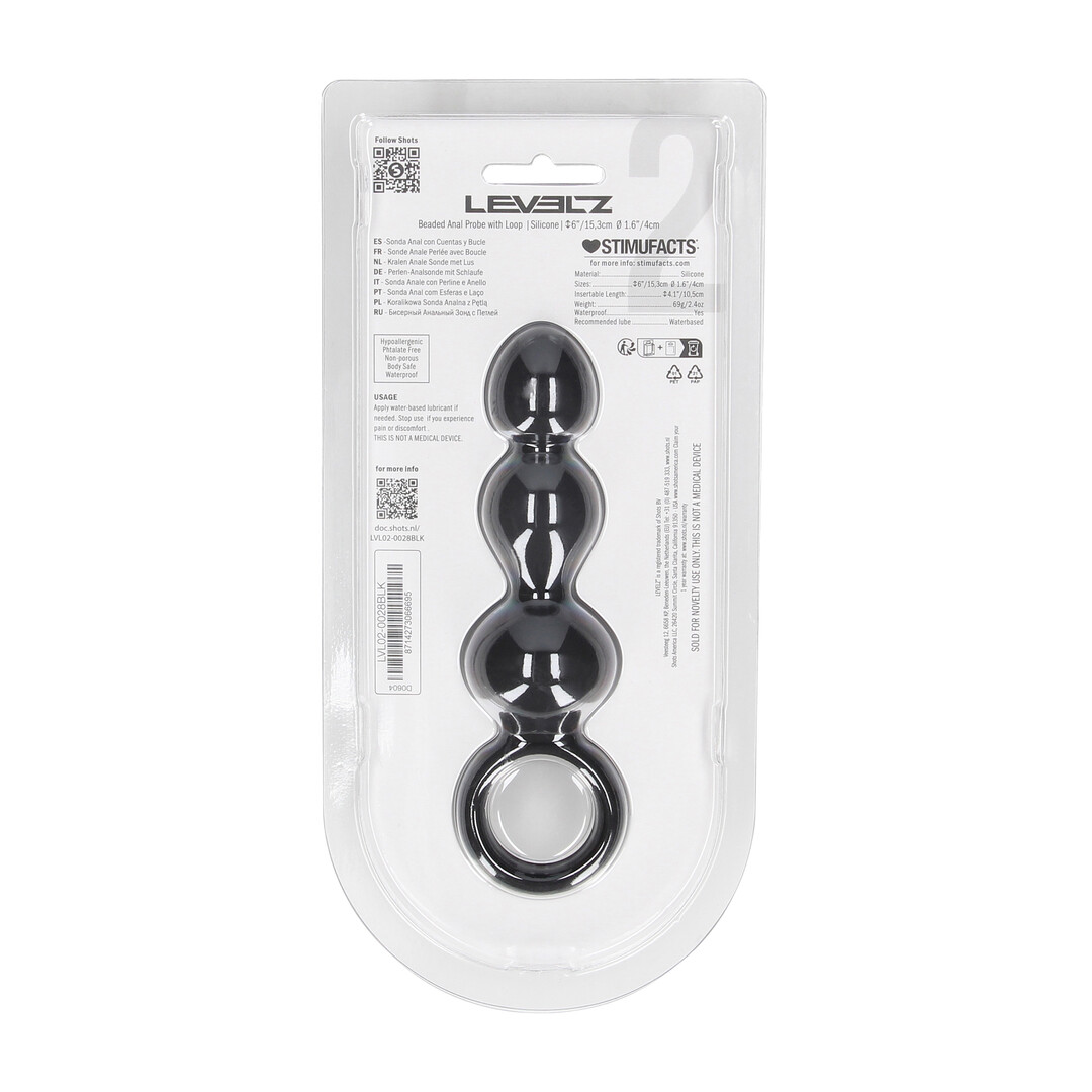 Levelz by shots Kralen Silikon Anale Probe met Lus - Zwart (8714273066695)