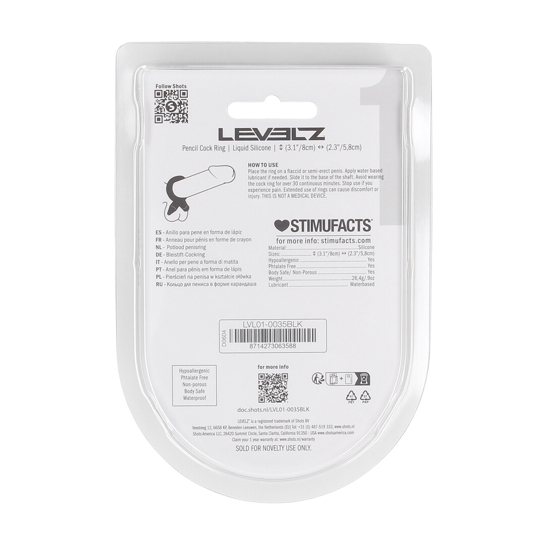 Levelz by shots Pencil Liquid Silicone Cockring - Zwart (8714273063588)