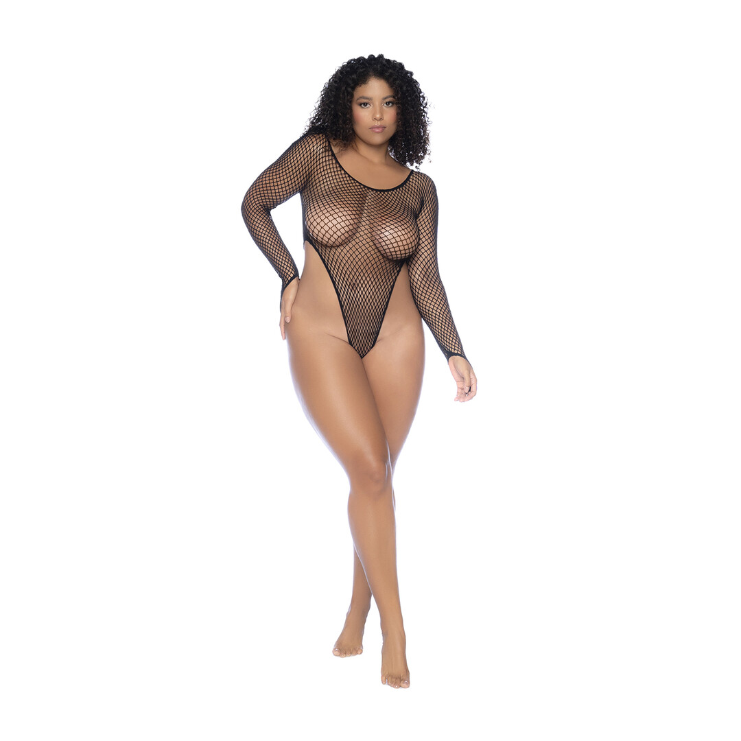 Mapalé Langdurige Mouwen Visnet Bodysuit - Koningin Maat - Zwart (190602203692)