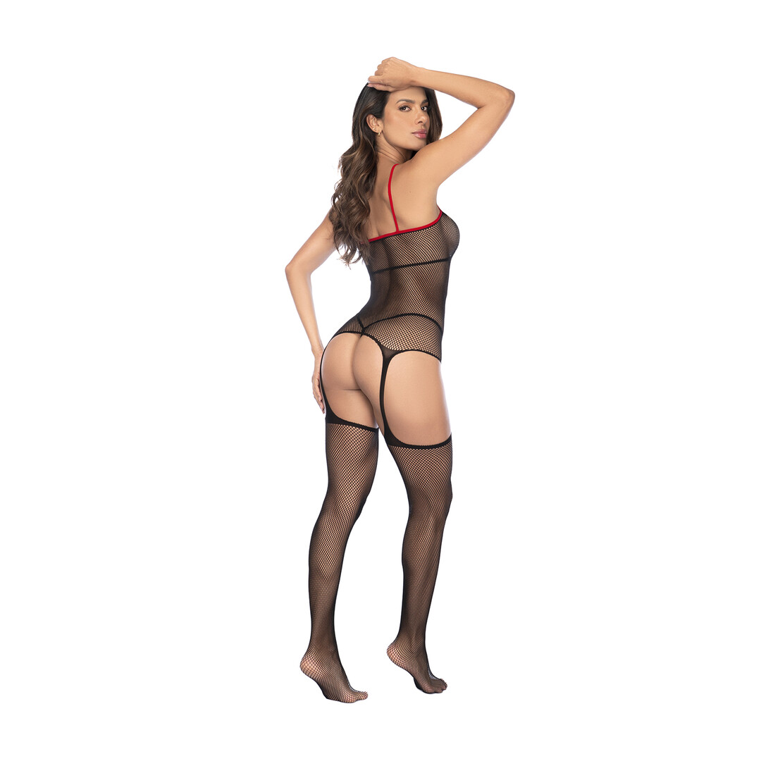 Mapalé Verpleegster Visnet Bodystocking met Manchet - Één Maat - Zwart/Rood (190602299435)