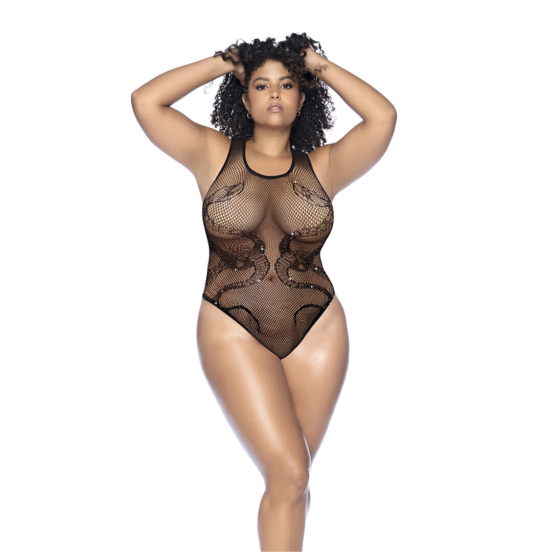 Mapalé Slangen Visnet Rhinestone Bodysuit - Koning Maat - Zwart/Rhinestone (190602299213)