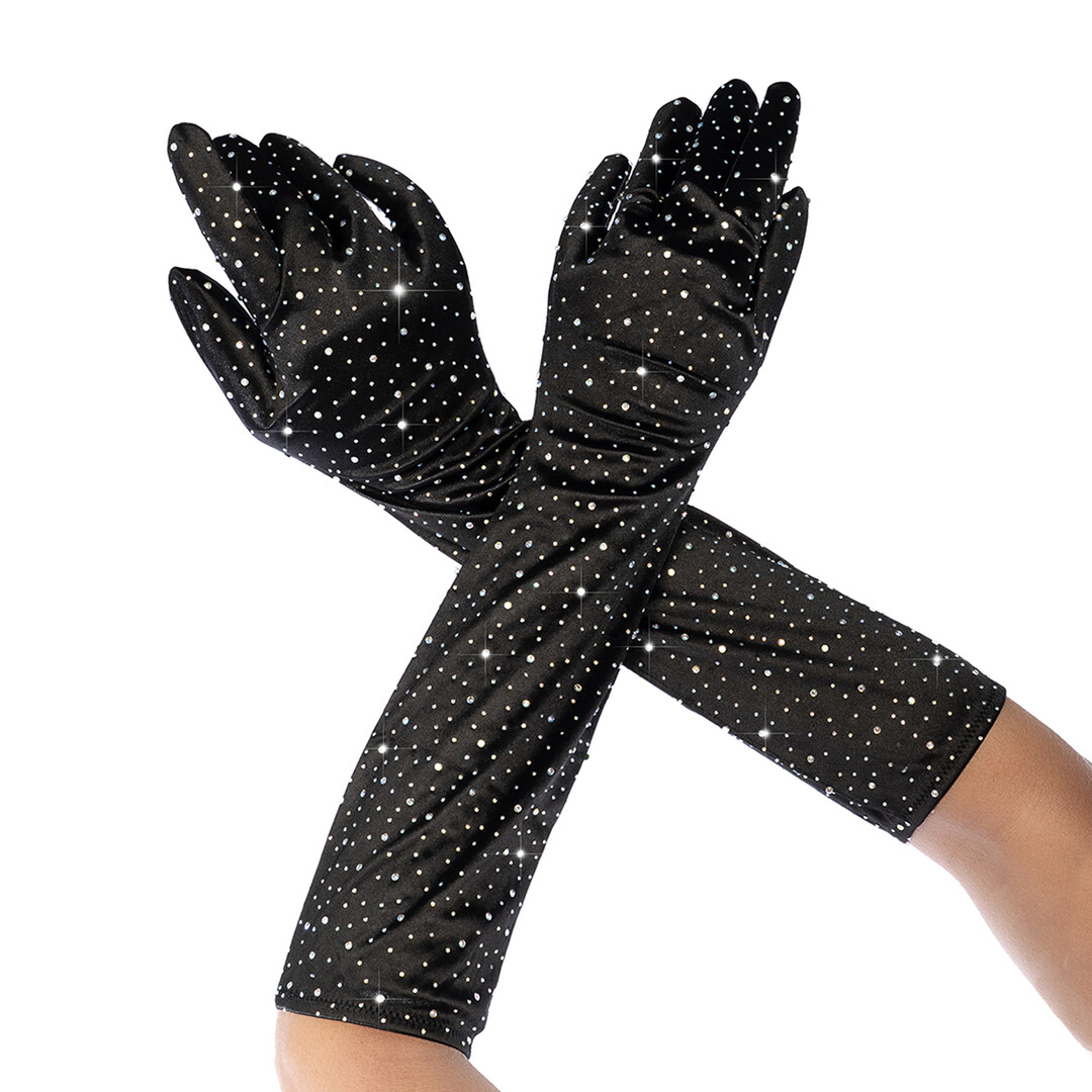 Mapalé Satin Rhinestone Opera Handschoenen - Één maat - Zwart/Rhinestone (190602298995)