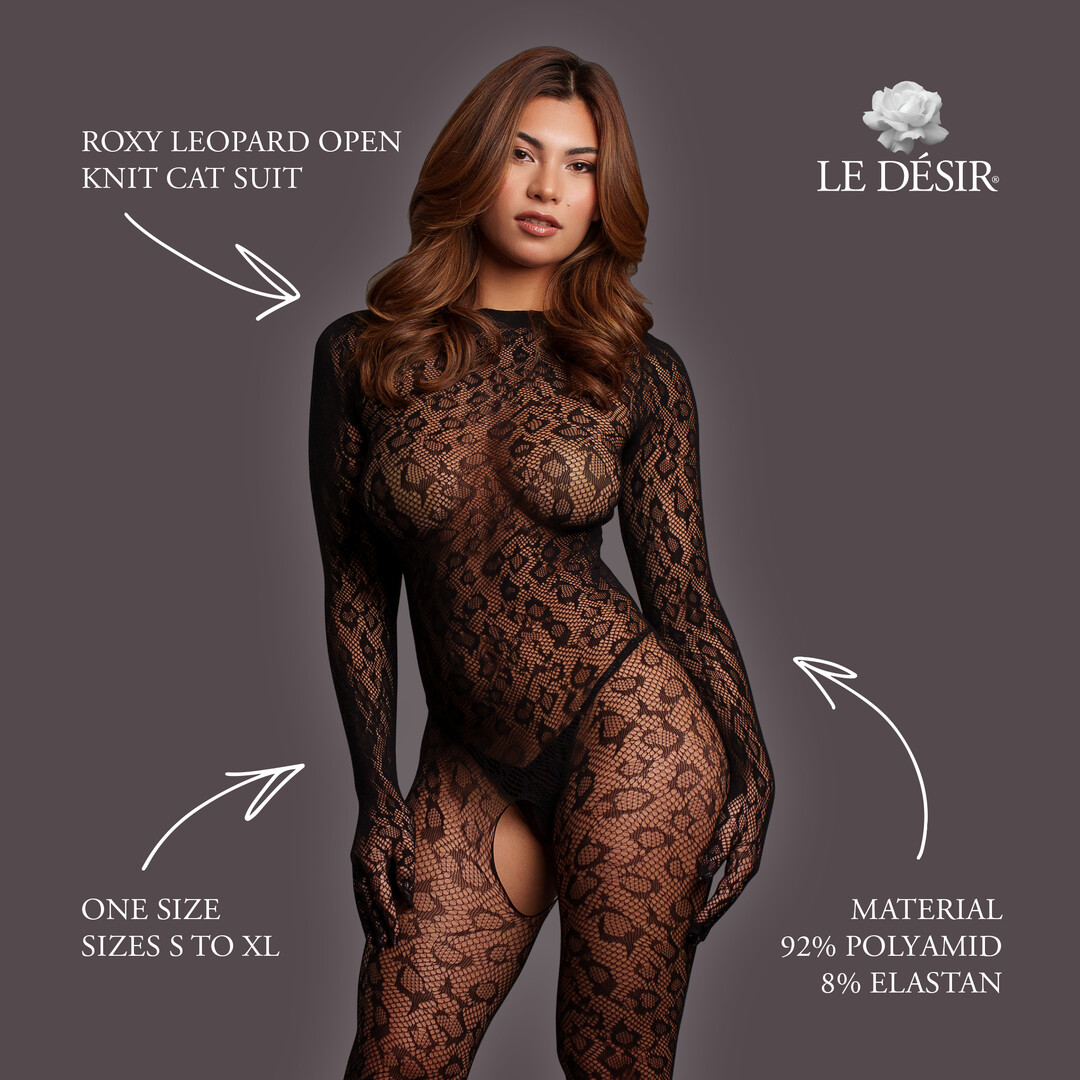 Le désir by shots Roxy - Leopard Open Knit Cat Suit - One Size - Black (8714273020949)