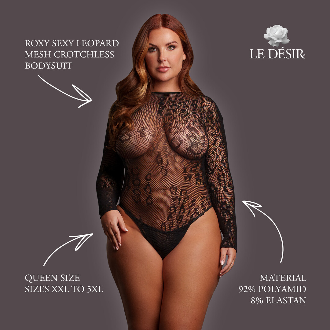 Le désir by shots Roxy - Sexy Leopard Mesh Crotchless Bodysuit - Queen Size - Black (8714273020833)