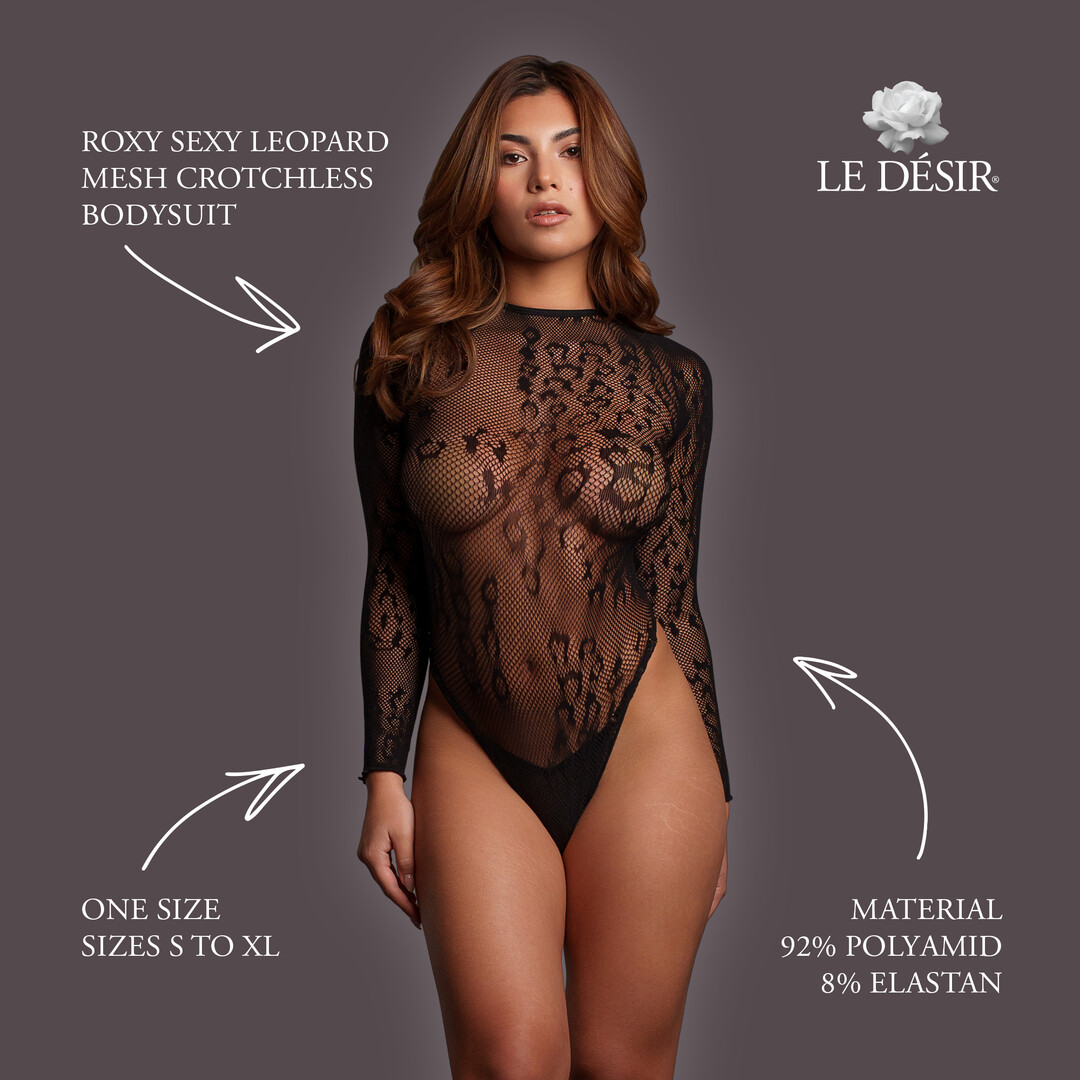 Le désir by shots Roxy - Sexy Leopard Mesh Crotchless Bodysuit - One Size - Black (8714273020826)