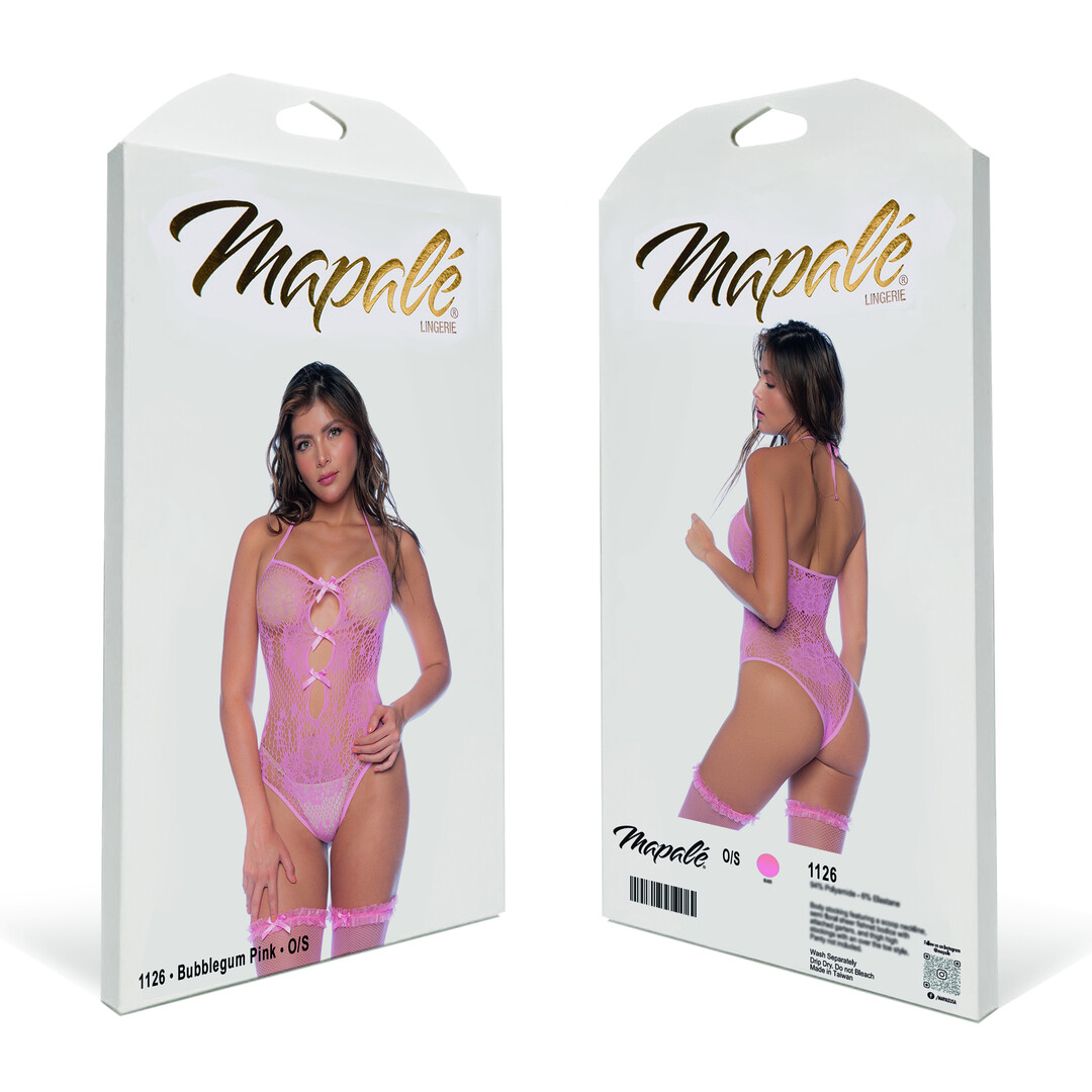 Mapalé Bloemige Visnet Bodysuit Set - Één Maat - Bubbelgum Roze (190602203890)