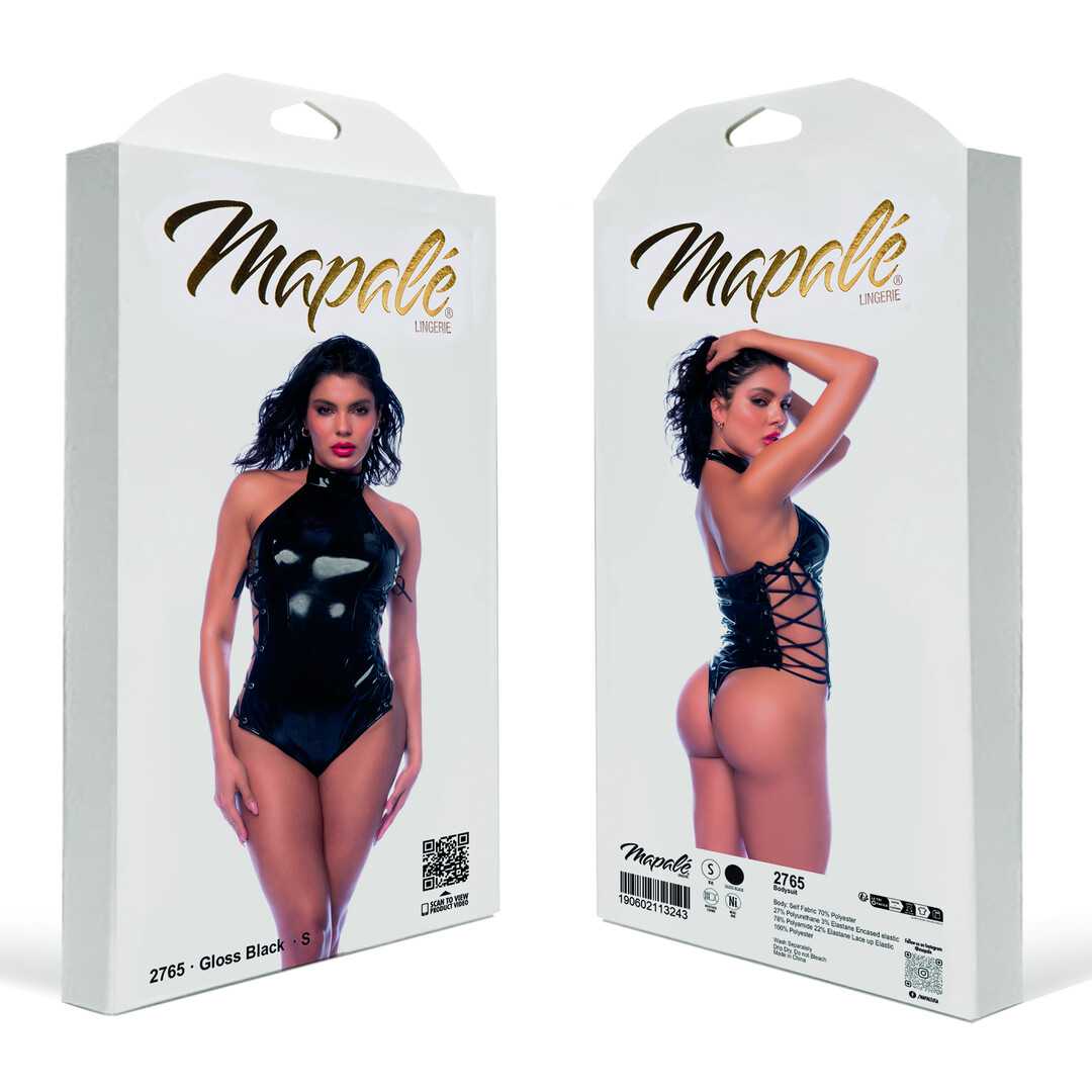 Mapalé Lace-up Halter Bodysuit - L - Glanzend Zwart (190602113267)