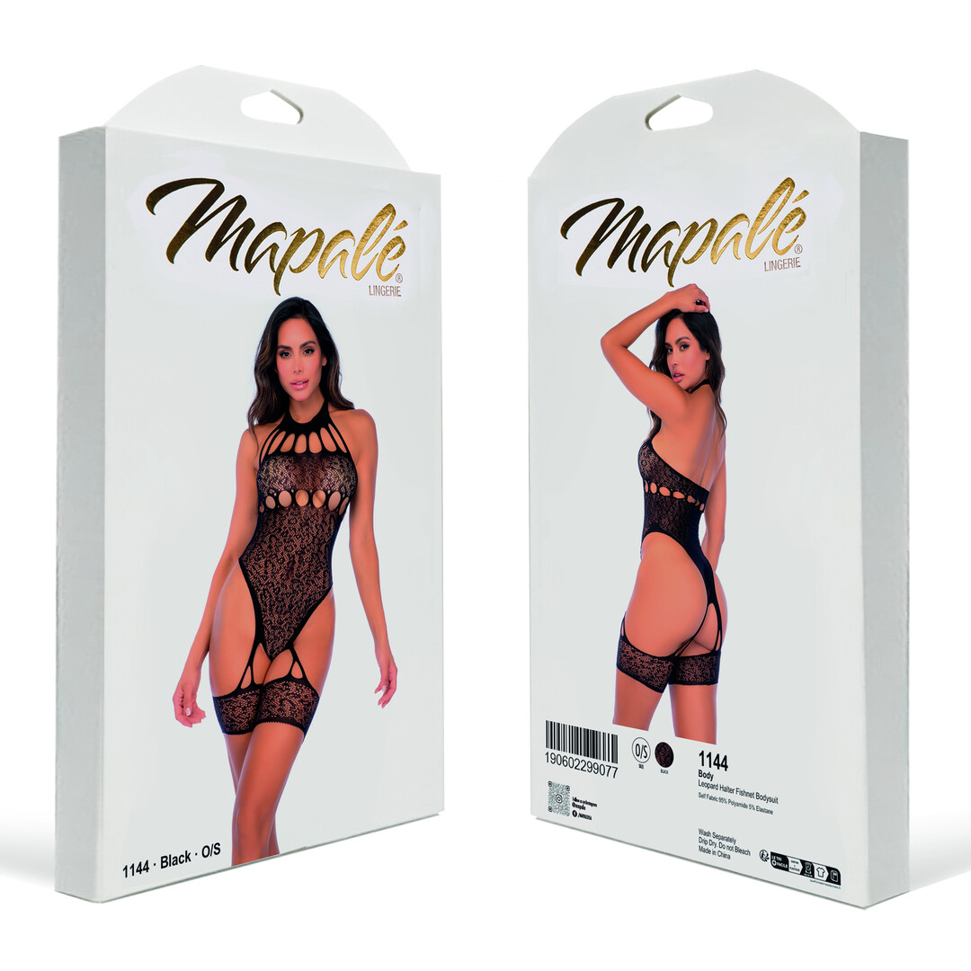 Mapalé Leopard Halter Visnet Bodysuit - Één maat - Zwart (190602299077)