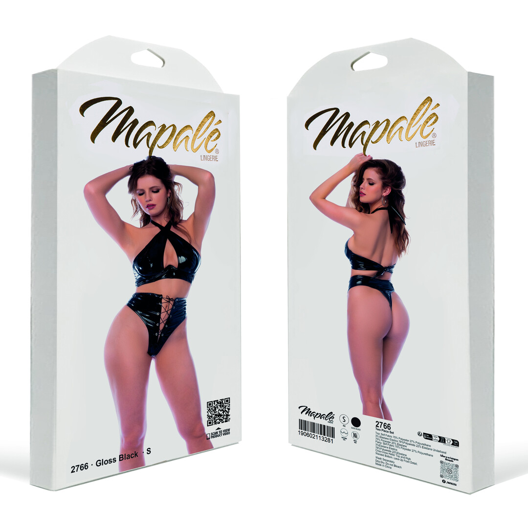 Mapalé Twee-delige Halterset met Lace-up Panty - S - Glanzend Zwart (190602113281)