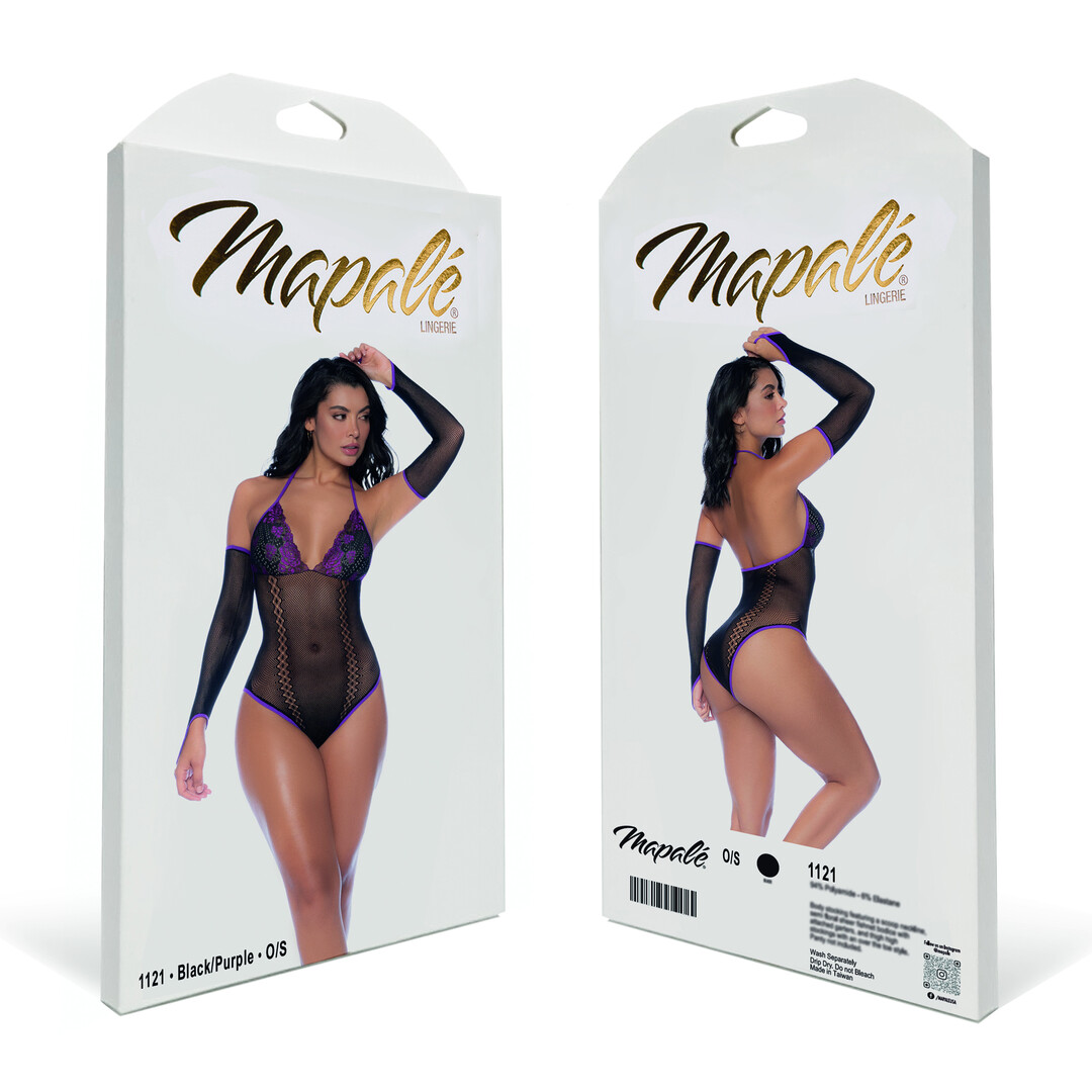 Mapalé Visnet en Kant Bodysuit Set - One Size - Zwart/Paarse (190602203975)