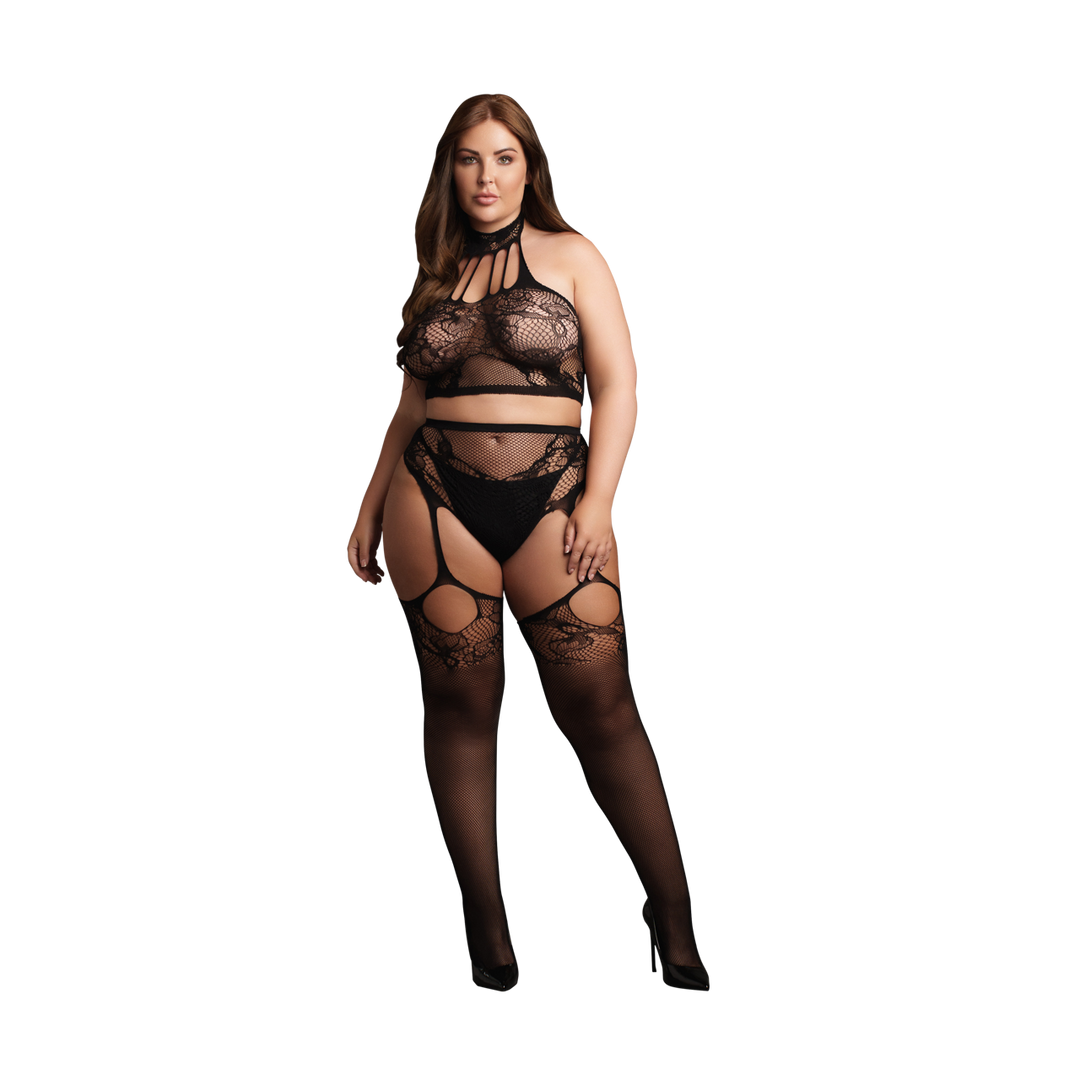 Le désir by shots Twee Delige Set met Halter Turtleneck en Pantie met Aangehechte Kousen - OSX - Zwart (8714273000255)