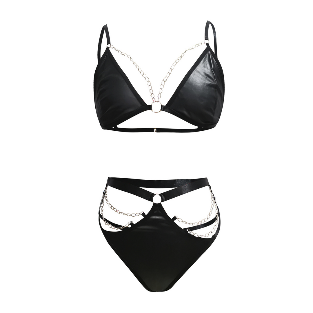 De namour lingerie by shots Micro Faux Leather Twee Delige Set met Ketting - S/M - Zwart (8714273027320)