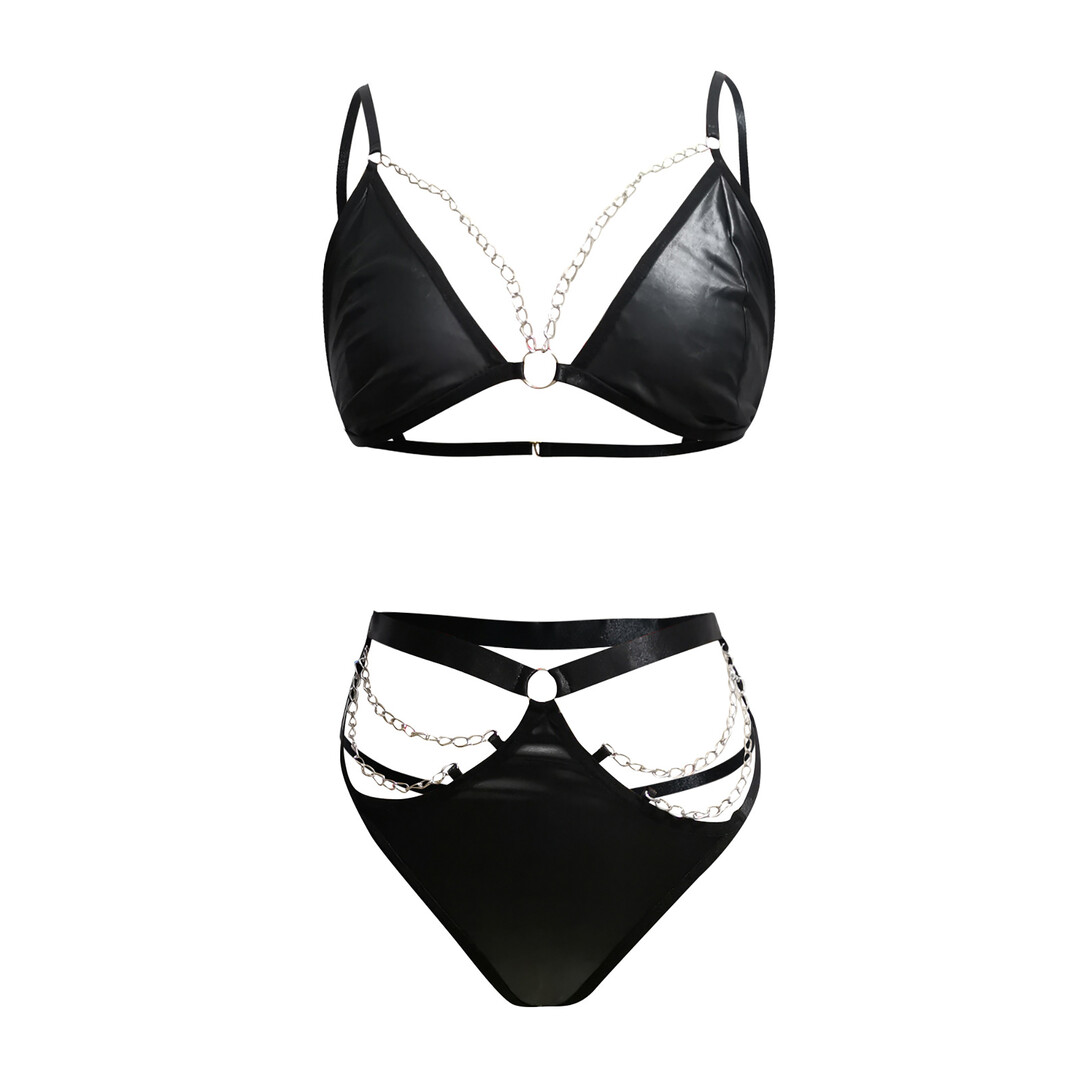 De namour lingerie by shots Micro Faux Leather Twee Delige Set met Ketting - L/XL - Zwart (8714273027337)