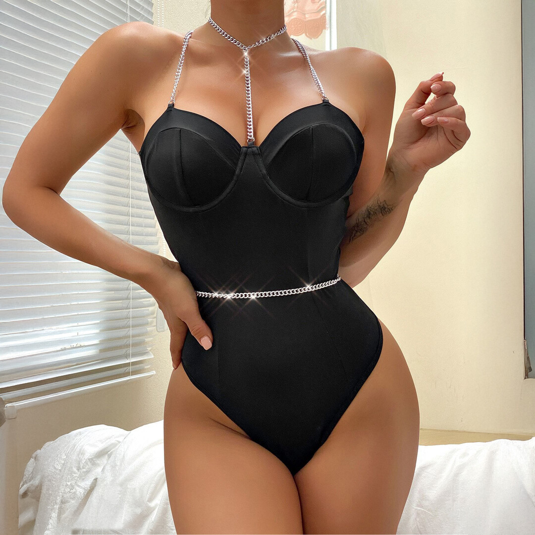 De namour lingerie by shots Kettingversterkte Cross Back Bodysuit - L/XL - Zwart (8714273027399)