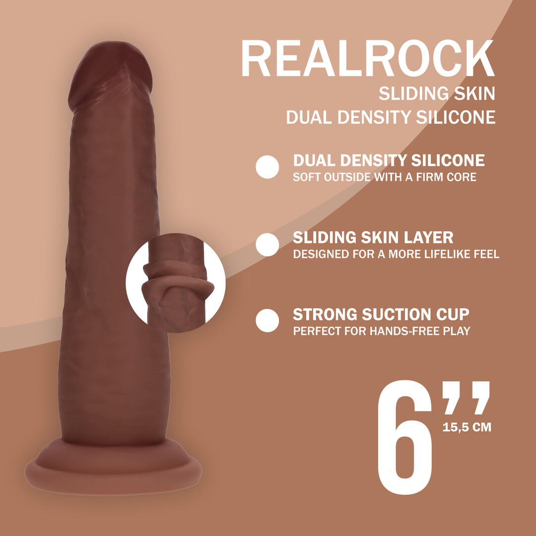 Realrock by shots Dual Density Silicone Realistische Sliding Skin Dildo - 6 / 15,5 cm - Bruin (8714273029614)