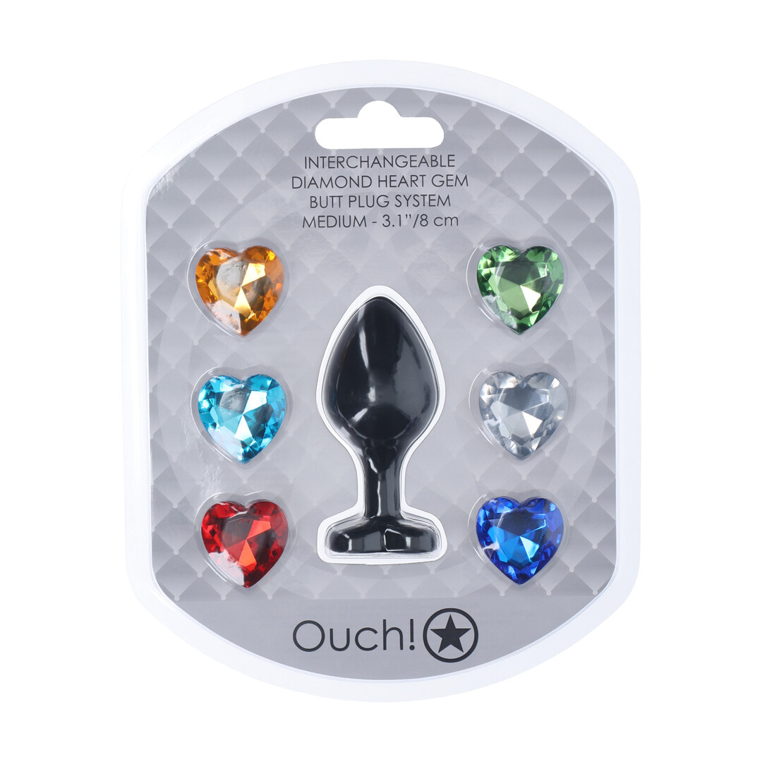 Ouch! by shots Interchangeable Diamond Heart Gem Butt Plug - Medium - Black (8714273031136)