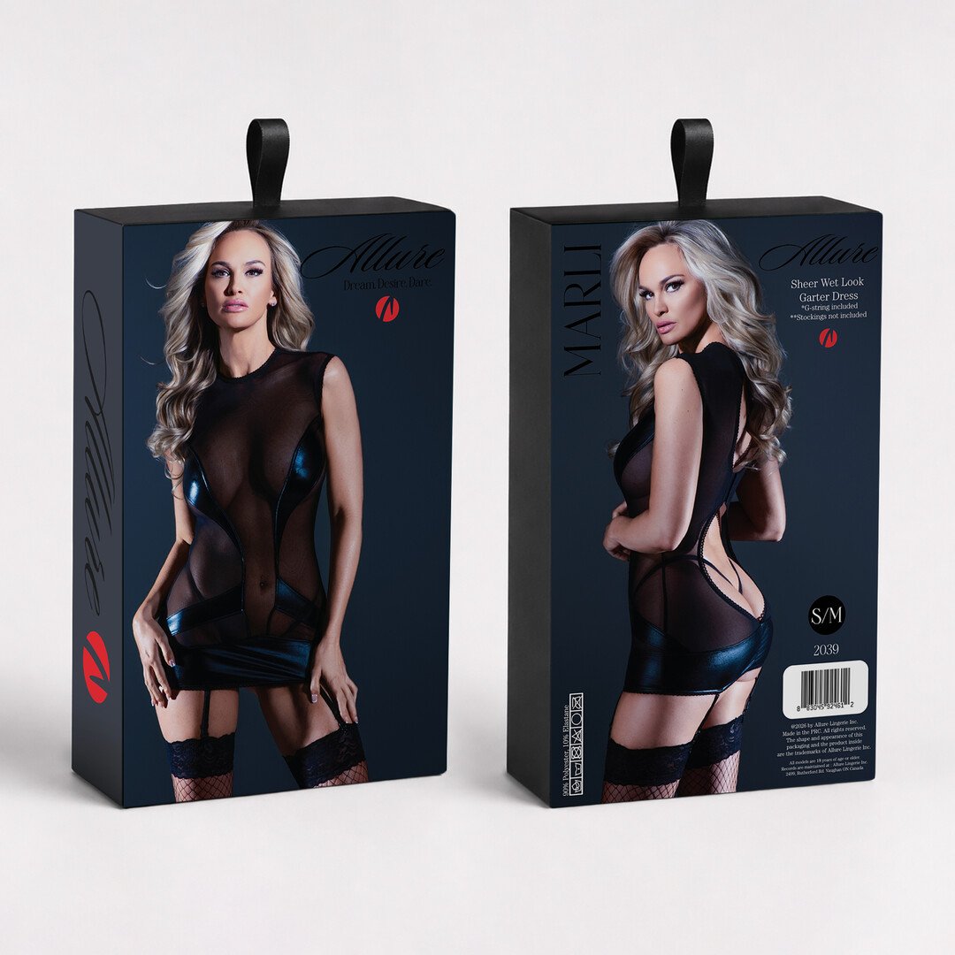 Allure Marli - Doorzichtig Wetlook Garter Jurk - L/XL - Zwart (883045924629)