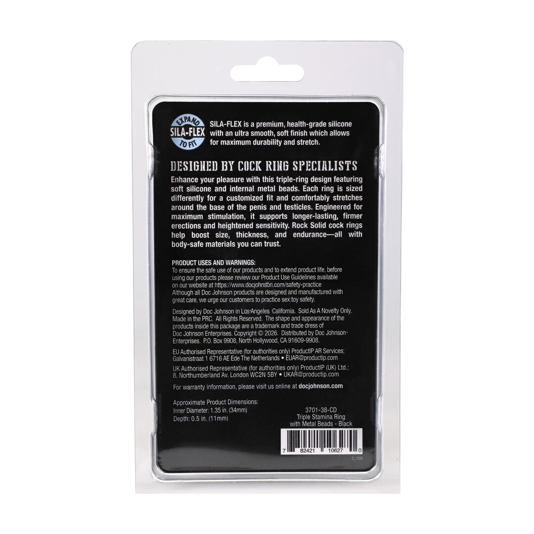 Doc johnson Silicone Triple Stamina Cockring with Metal Beads - Black (782421106270)